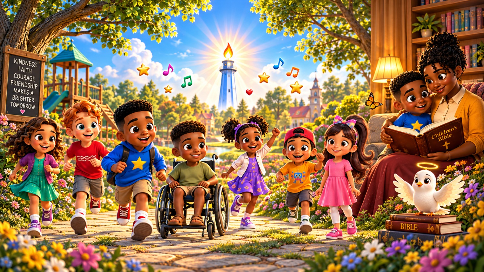 JJ, Fiona, Jack, Sara, Kenny, their friends, a child using a wheelchair, and the Holy Dove in a joyful garden, with Mom and JJ reading on the right.