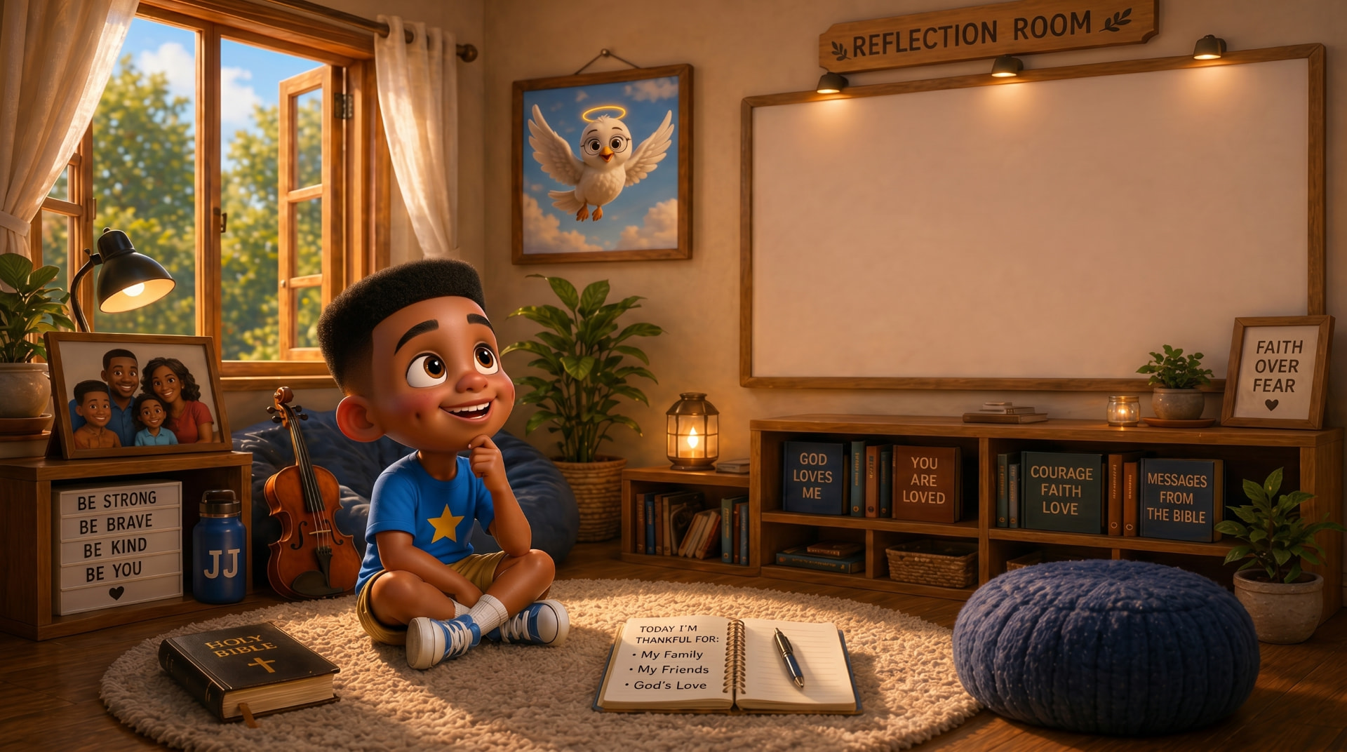 JJ sitting in a cozy reflection room with a Bible, a thankful journal, and a prayer board
